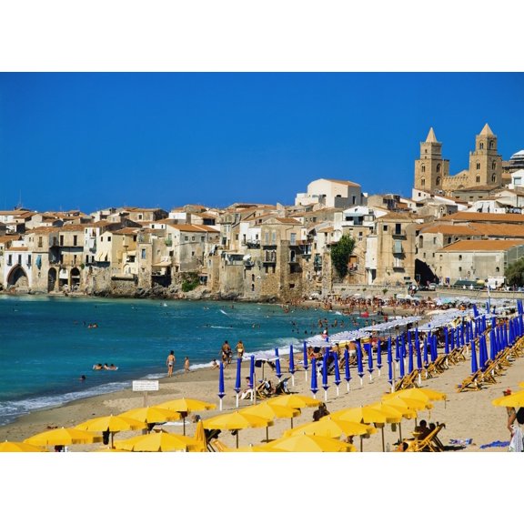 People On Cefalu Beach Canvas Art - Ellen Rooney Design Pics (17 x 13)
