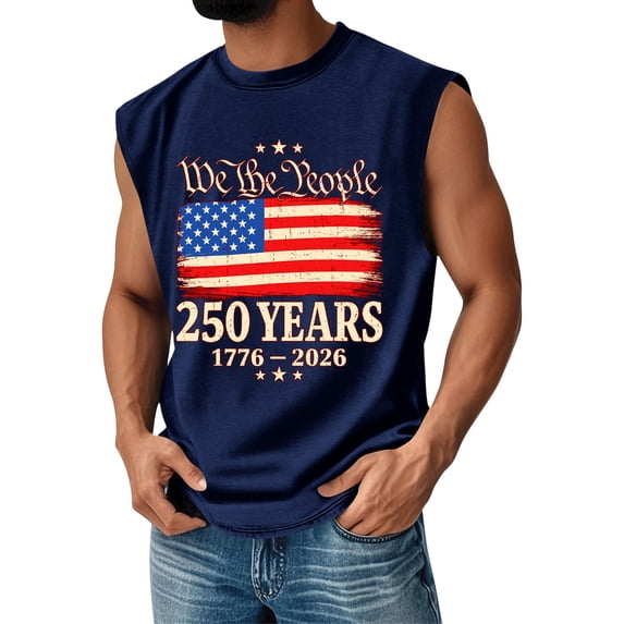 We the People Patriotic Tank Top for Men 250 Anniversary Retro American Flag Graphic Tank Tops 4th Of July Usa Independence Day Patriotic Tee Usa Muscle Round Neck Cut Off Shirts,Blue 3XL
