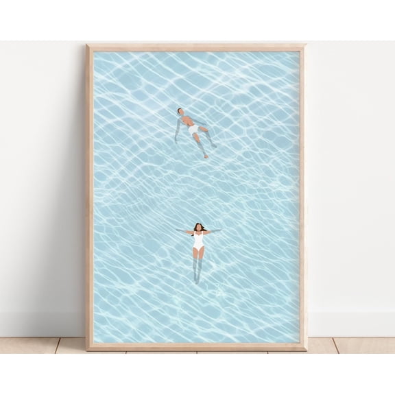 People at Pool Print | Retro Swimming Pool | Cute Couple Summer Poster Tiny People Swimming Pool House Decor | Matte Physical Print Option, 24x36 UNFRAMED