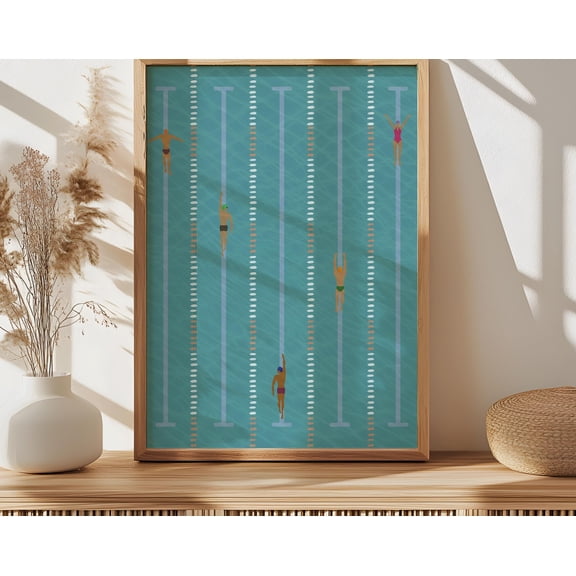 People Racing in Pool Print | Retro Swimming Pool | Cute Summer Poster Tiny People Swimming Pool House Decor, 12x18 UNFRAMED