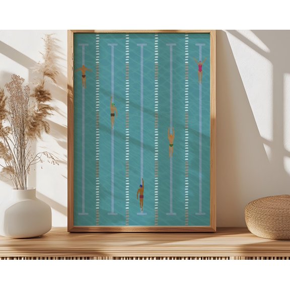 People Racing in Pool Print | Retro Swimming Pool | Cute Summer Poster Tiny People Swimming Pool House Decor, 24x36 UNFRAMED