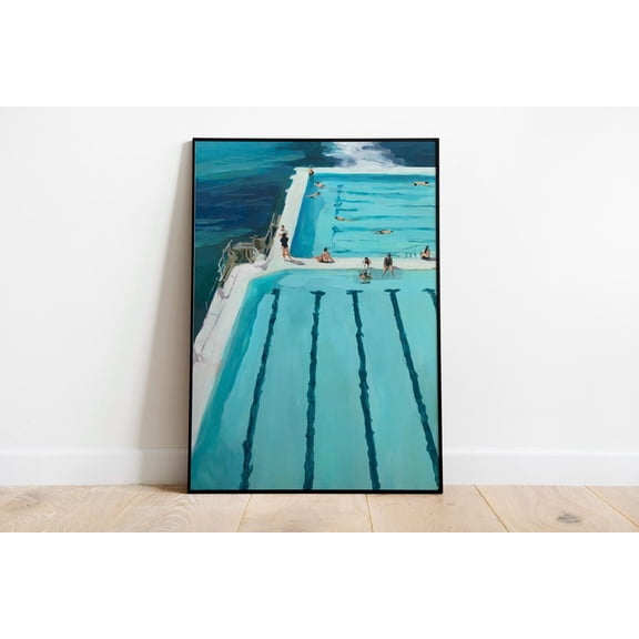 People Swimming Pool Cute Summer Tiny Drawing Lake Poster Unframed Paper Print