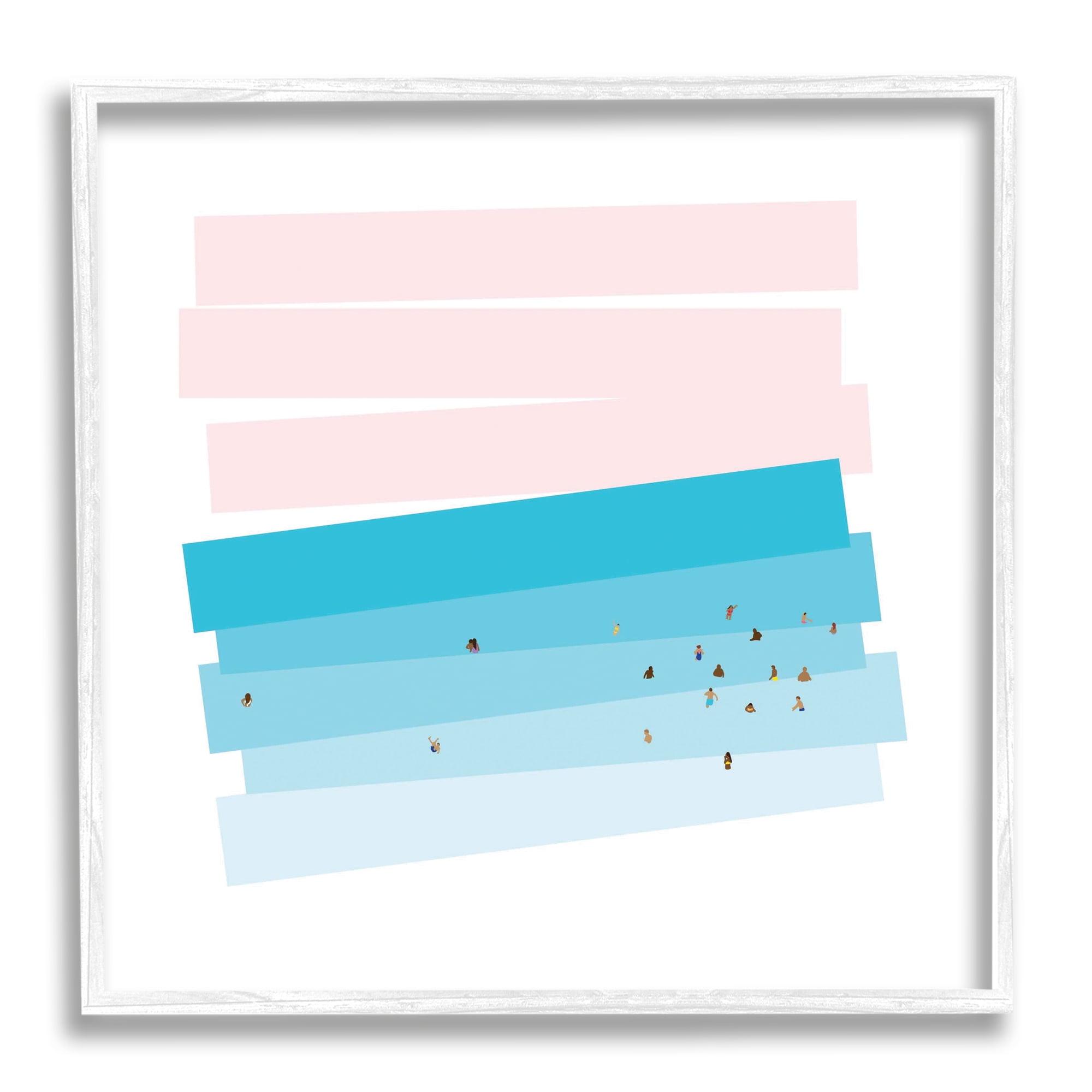 People Swimming in Ocean Geometric Abstract Pink Sky Coastal Framed Art Print Wall Art, 17x17