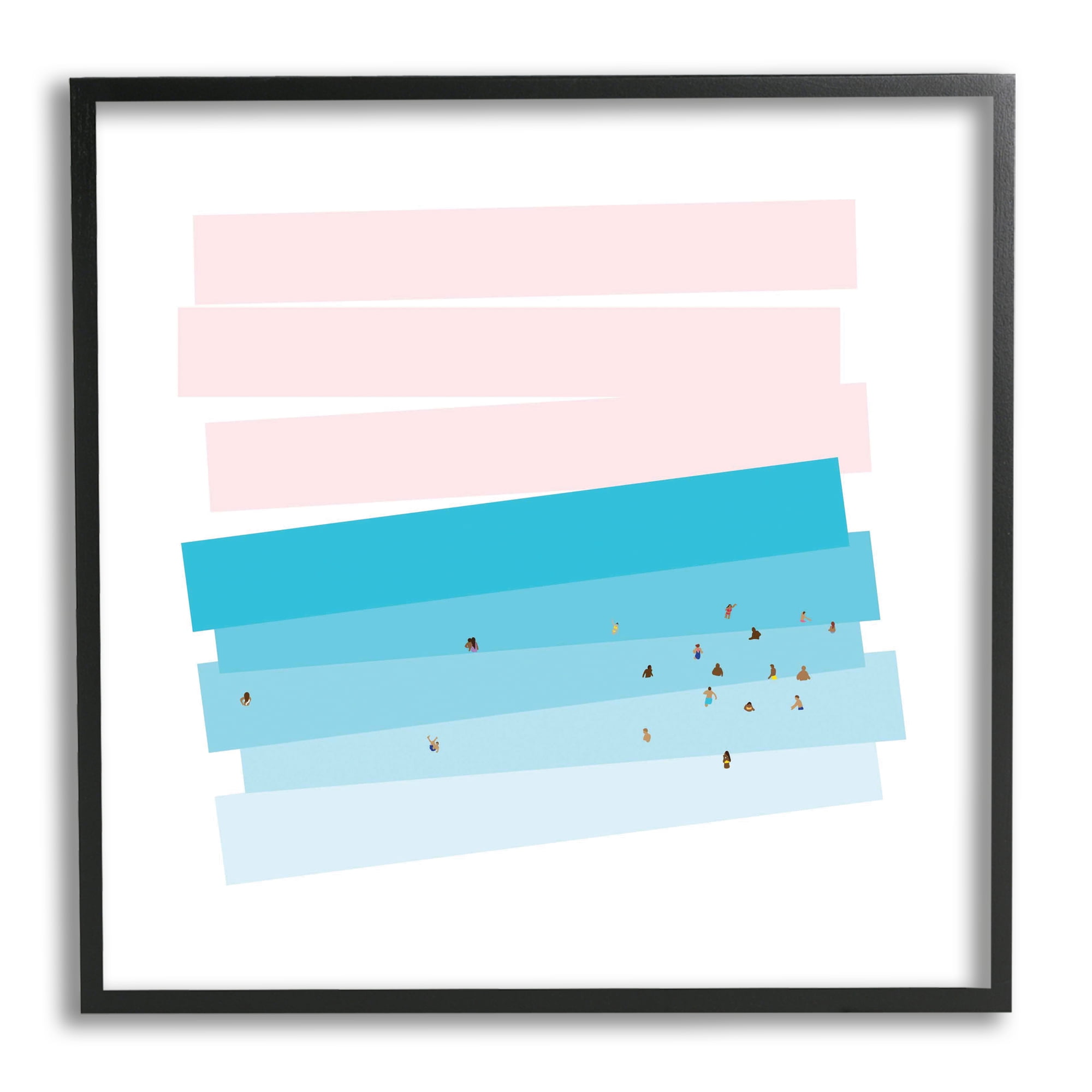 People Swimming in Ocean Geometric Abstract Pink Sky Coastal Framed Art Print Wall Art, 17x17