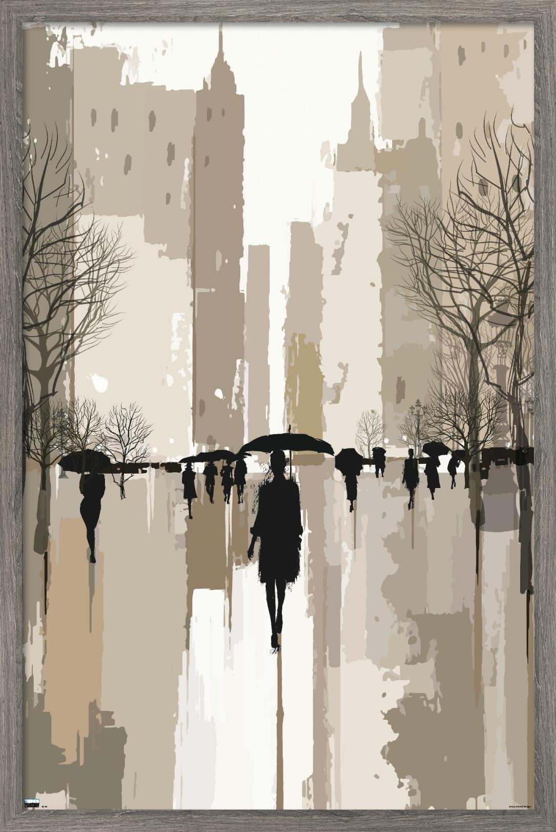 People Under Rain In The City Wall Poster, 14.725" x 22.375", Framed