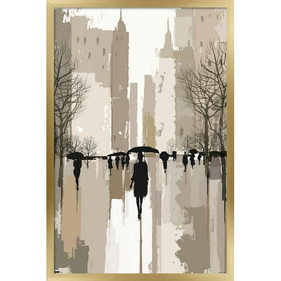 People Under Rain In The City Wall Poster, 14.725" x 22.375", Framed