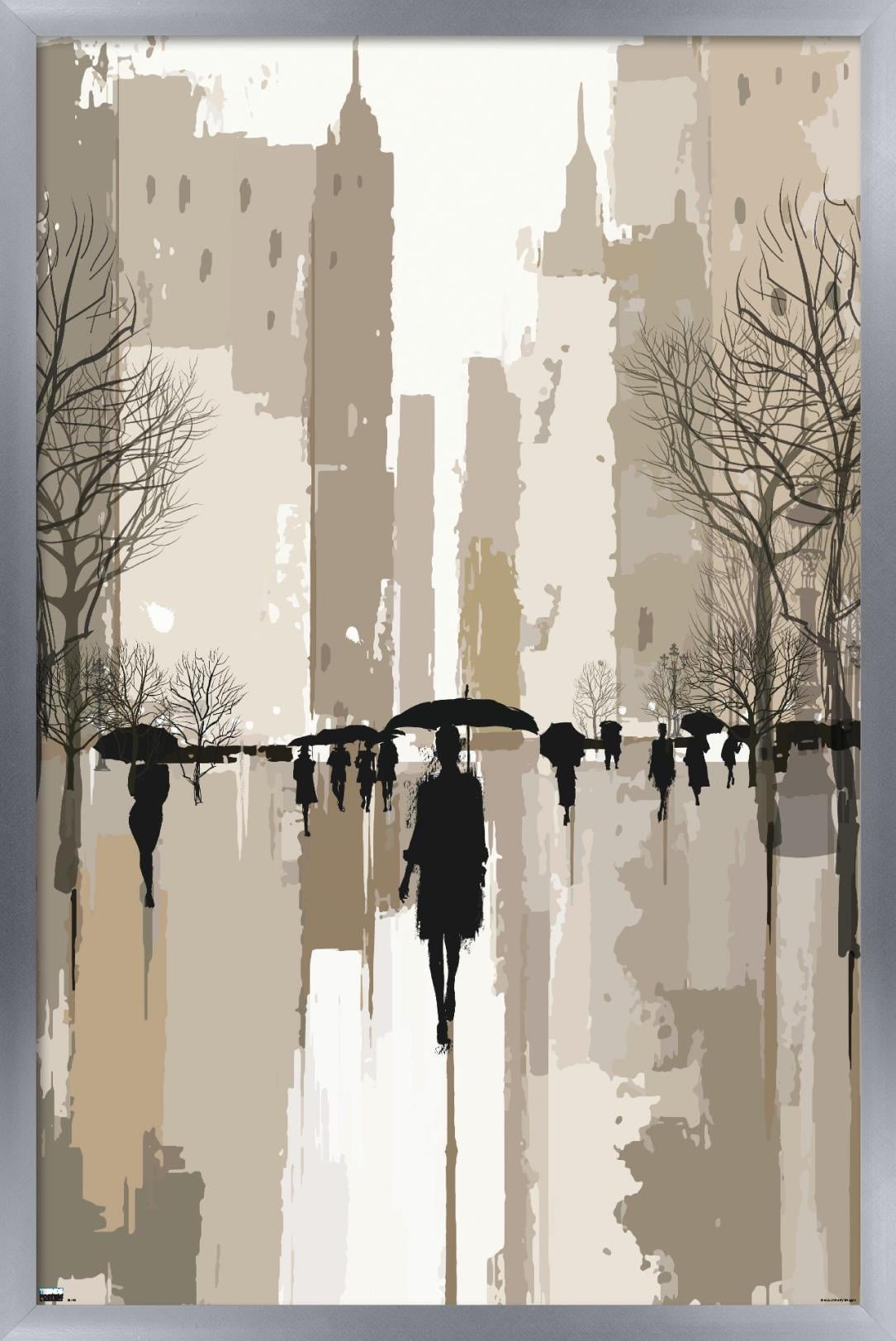 People Under Rain In The City Wall Poster, 14.725" x 22.375", Framed