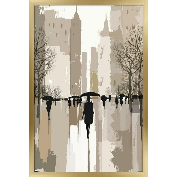 People Under Rain In The City Wall Poster, 22.375" x 34", Framed