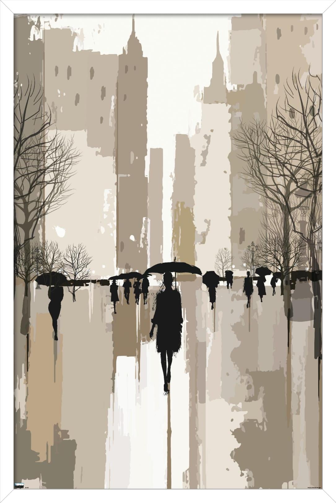 People Under Rain In The City Wall Poster, 22.375" x 34", Framed