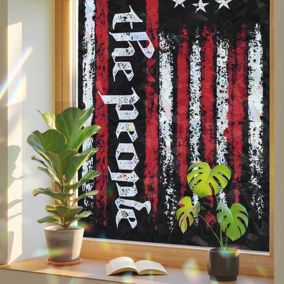 We The People Window Privacy Film, Independence Day Distressed Red White Flag Stained Glass Rainbow Film Decorative Window Clings, Static Cling Sun Blocking Stickers 17.7" x 39.3"