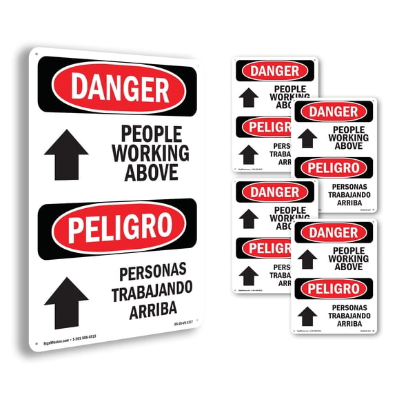 People Working Above Bilingual OSHA Danger Rigid Plastic Sign 24 Inch x 18 Inch - 5 Pack