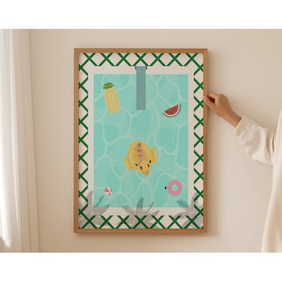 People at Pool Print | Cute Retro Swimming Pool | Summer Poster | Tiny People Swimming | Pool House Decor, 8x12 UNFRAMED