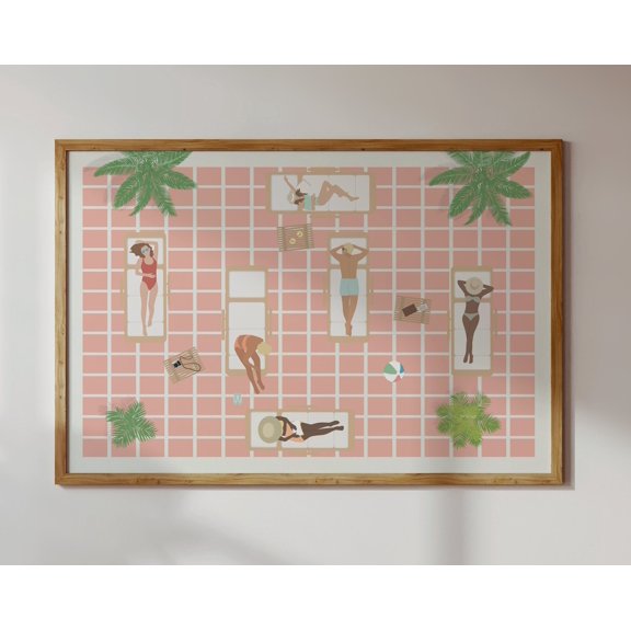 People at the Pool Print | Retro Pink Pool Summer Wall Poster | Tiny People Swimming | Pool House Art |, 24x36 UNFRAMED
