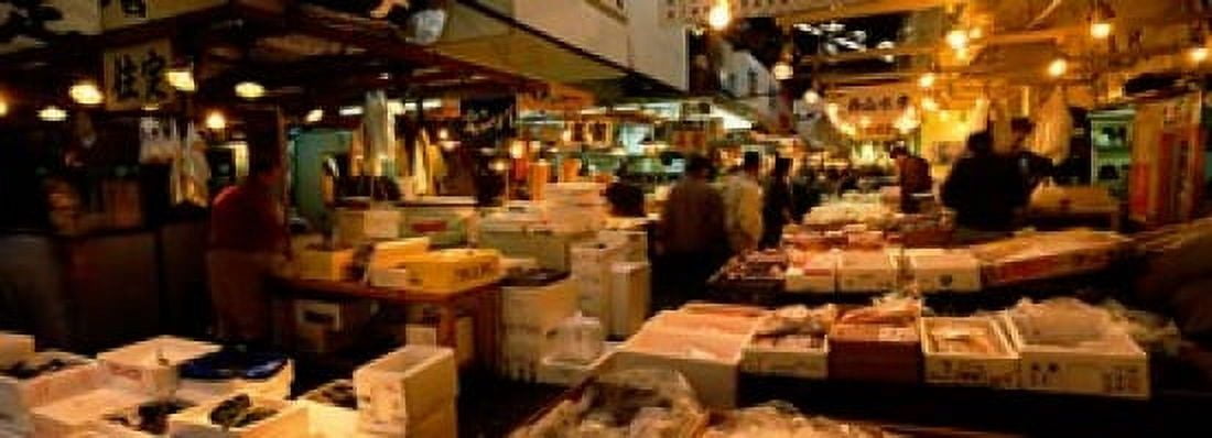 People buying fish in a fish market Tsukiji Fish Market Tsukiji Tokyo Prefecture Kanto Region Japan Canvas Art - Panoramic Images (18 x 7)