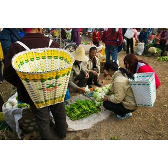 People buying vegetables at a traditional town market Xizhou Erhai Hu Lake Area Yunnan Province China Canvas Art - Panoramic Images (36 x 24)