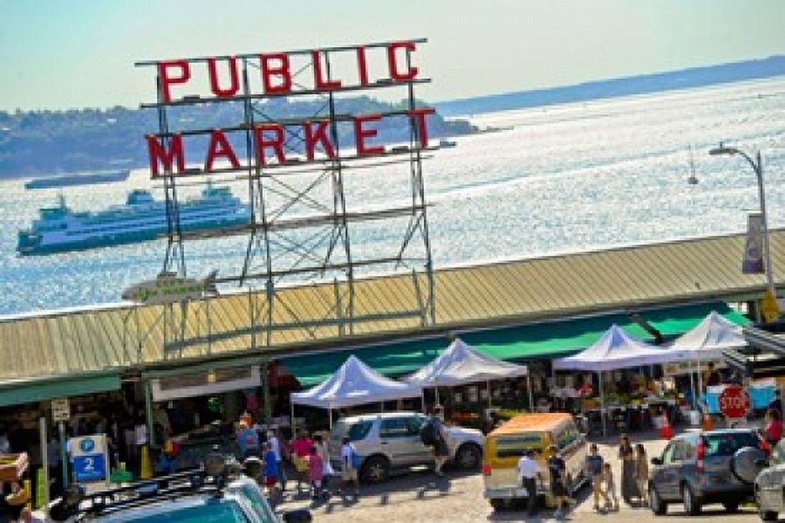 People in a public market Pike Place Market Seattle Washington State USA Canvas Art - Panoramic Images (36 x 24)