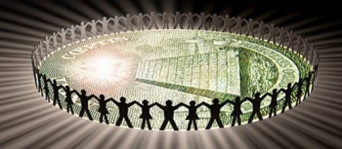 People in circle around money Canvas Art - Panoramic Images (15 x 7)