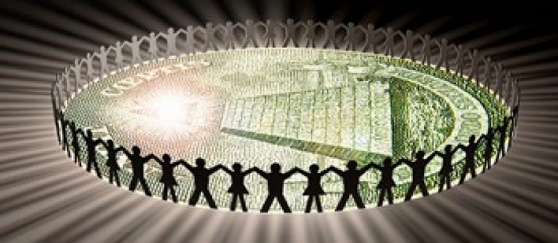 People in circle around money Canvas Art - Panoramic Images (30 x 14)