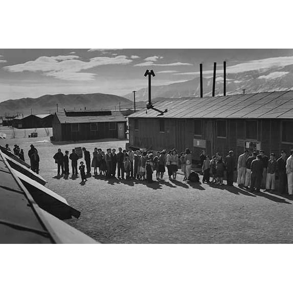 People of all ages wait in a line in front of a building at midday. Ansel Easton Adams was an American photographer, best known for his