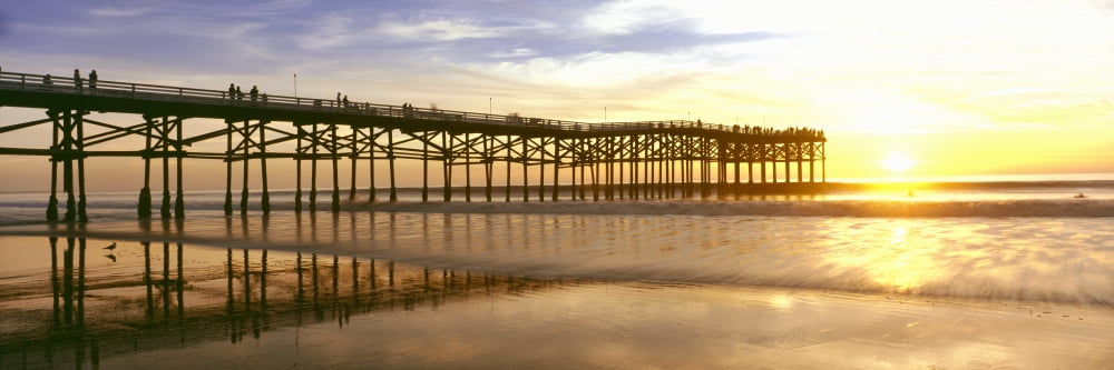 People on pier at sunset Crystal Pier Pacific Beach San Diego California USA Canvas Art - Panoramic Images (36 x 12)
