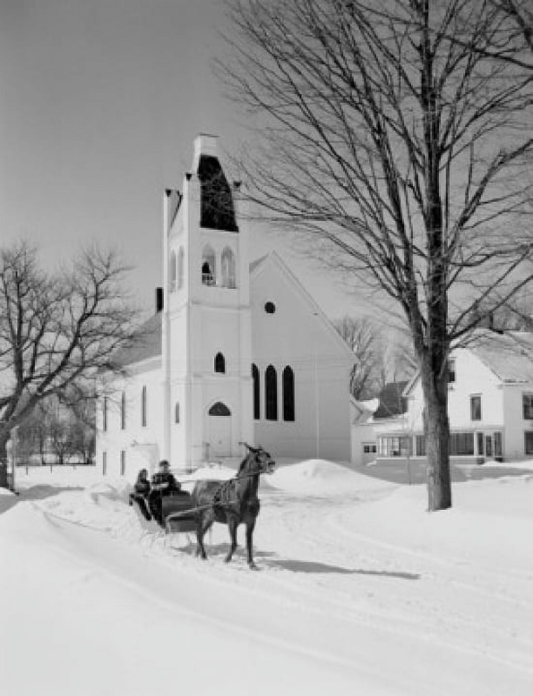 People on sleigh church in the background Canvas Art - (18 x 24)