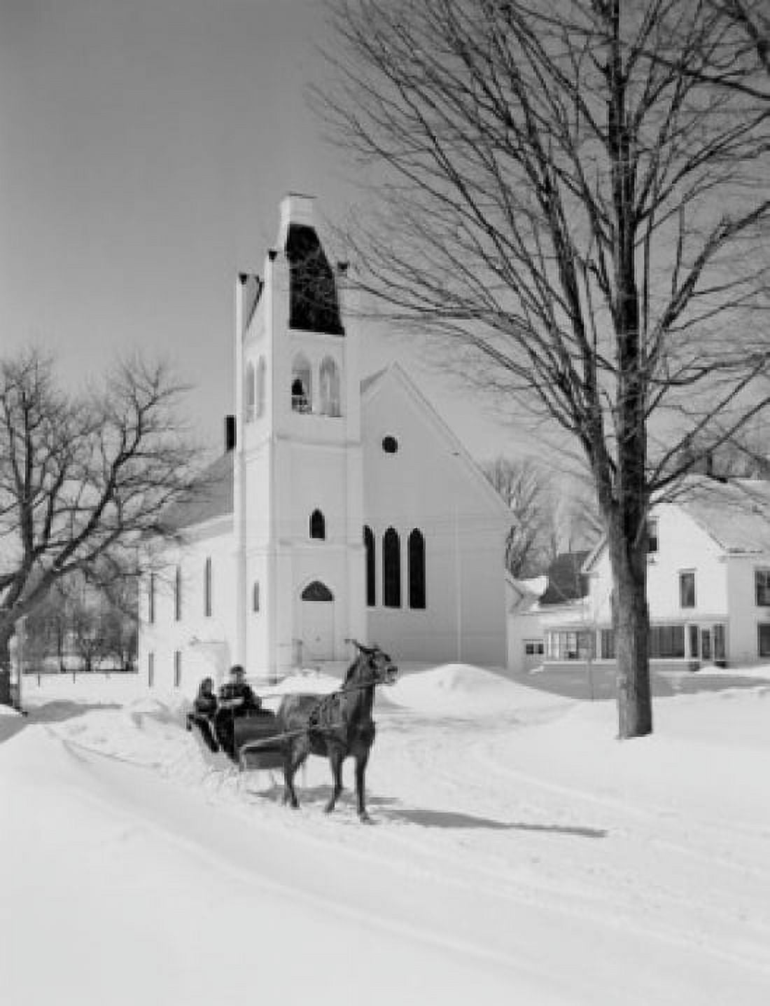People on sleigh church in the background Canvas Art - (24 x 36)