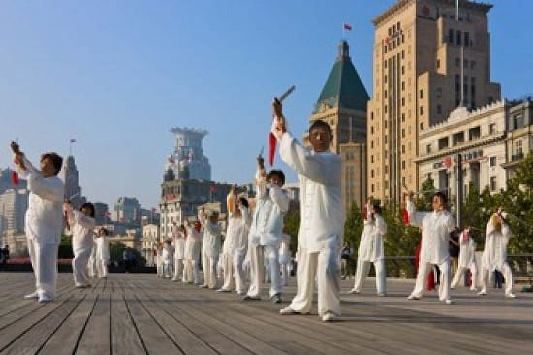 People practicing Taiji with sword on the Bund in the morning Shanghai China Canvas Art - Keren Su DanitaDelimont (38 x 25)