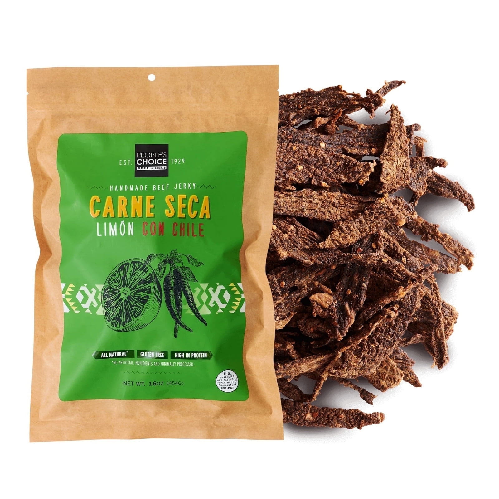 People's Choice Beef Jerky - Carne Seca - Limn Con Chile - Sugar Free, Low Carb - 1 Pound, 1 Bag