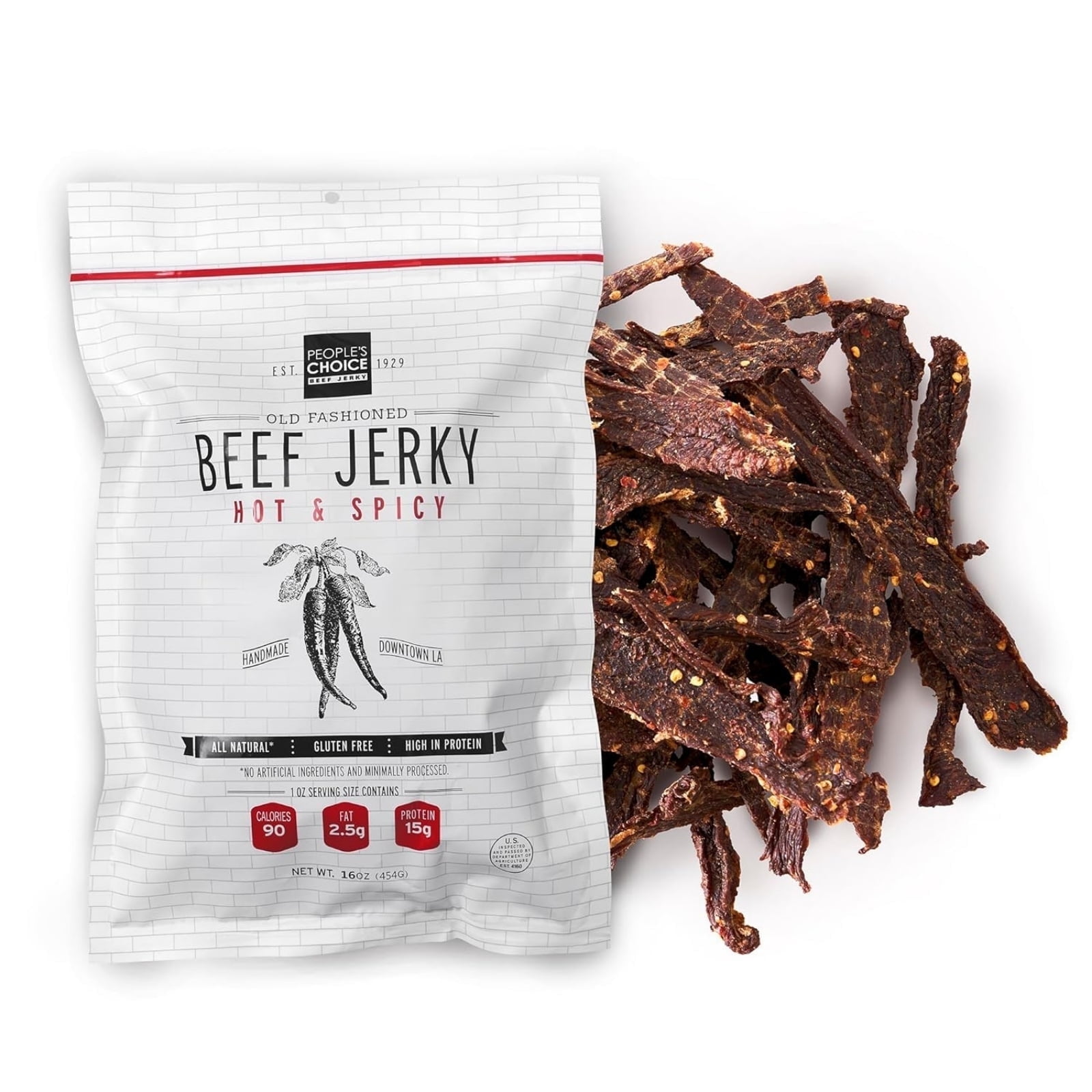 People's Choice Beef Jerky - Old Fashioned - Hot & Spicy - Zero Sugar, Dry Texture - 1 Pound - 1 Bag