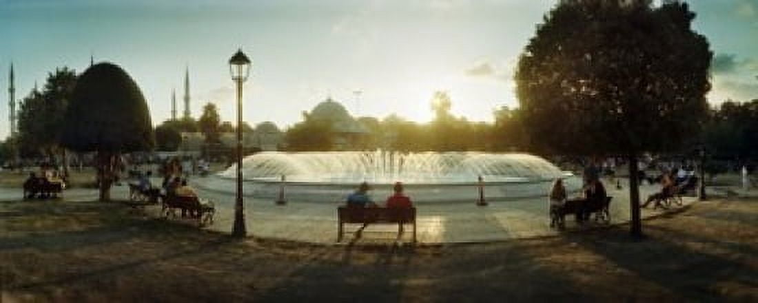 People sitting at a fountain with Blue Mosque in the background Istanbul Turkey Canvas Art - Panoramic Images (30 x 12)