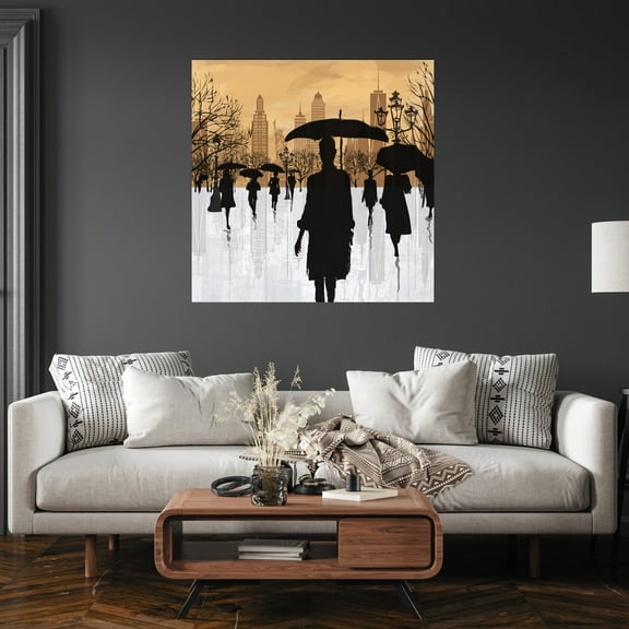 People under the rain in New York gold white black wall art 20x20in canvas stretched on wood frame