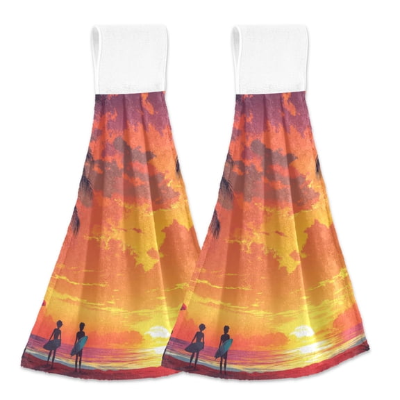 People with Surboards on Sunset Beach Hanging Towels with Loop Hand Towels Nylon Fastener Tape Design Dish Cloths 2 Pieces