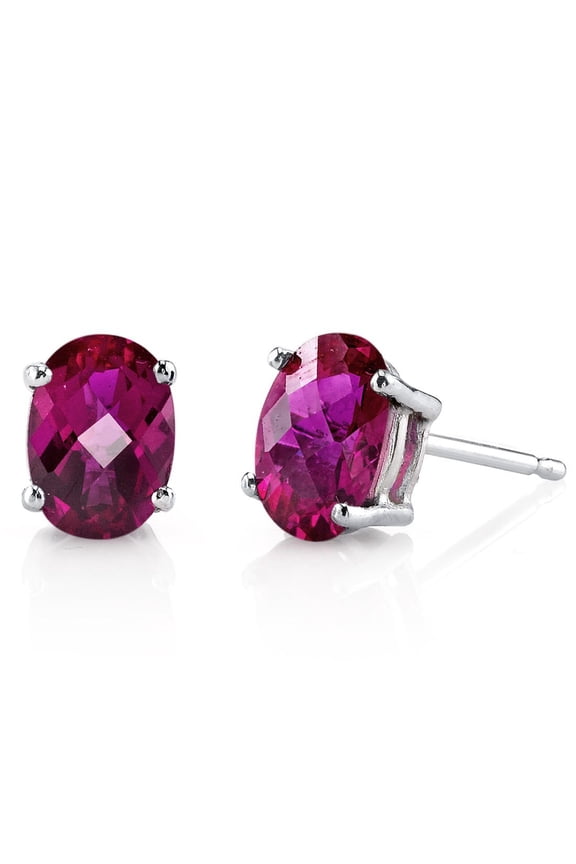 14K White Gold 2 Carats Created Ruby Earrings for Women, Classic Solitaire Studs, 7x5mm Oval Shape, Hypoallergenic, Friction Back