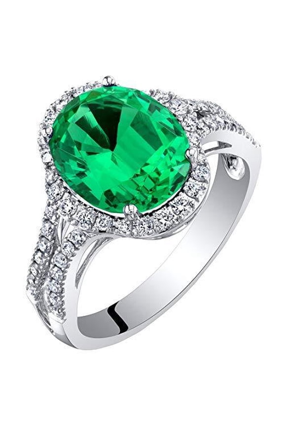 14K White Gold Created Colombian Emerald and Lab Grown Diamond Ring 3.93 carats total Oval Shape