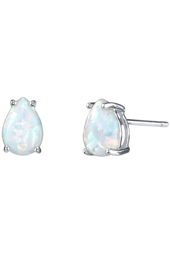 14K White Gold Created White Fire Opal Earrings for Women, Hypoallergenic Solitaire Studs, 7x5mm Pear Shape, 1 Carat total, October Birthstone, Friction Back