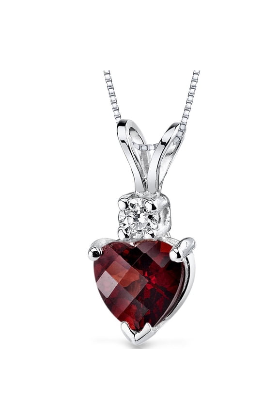 14K White Gold Garnet and Diamond Heart Pendant for Women, Genuine Gemstone, 1.35 Carats with 18 inch Chain