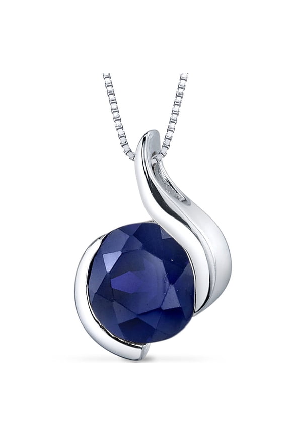 2.75 Carats Created Blue Sapphire Pendant Necklace for Women 925 Sterling Silver, Open Bezel Wave Solitaire, Round Shape 8mm with 18 inch Chain
