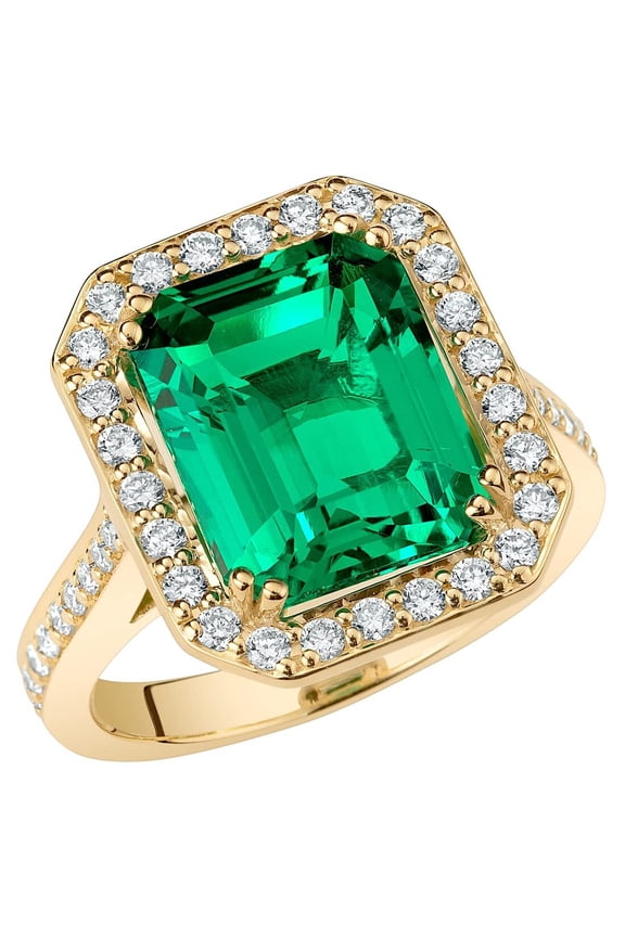 6 Carats Created Colombian Emerald Lab Grown Diamond Ring in 14K Yellow Gold, Emerald Cut, Size 5.5