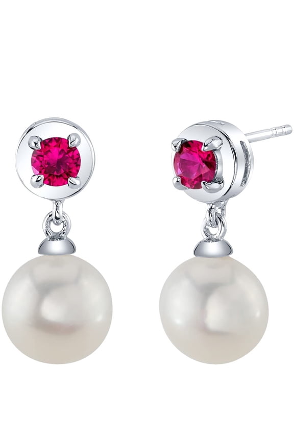 8mm Freshwater Cultured White Pearl and Created Ruby Dangle Drop Earrings 925 Sterling Silver, July Birthstone