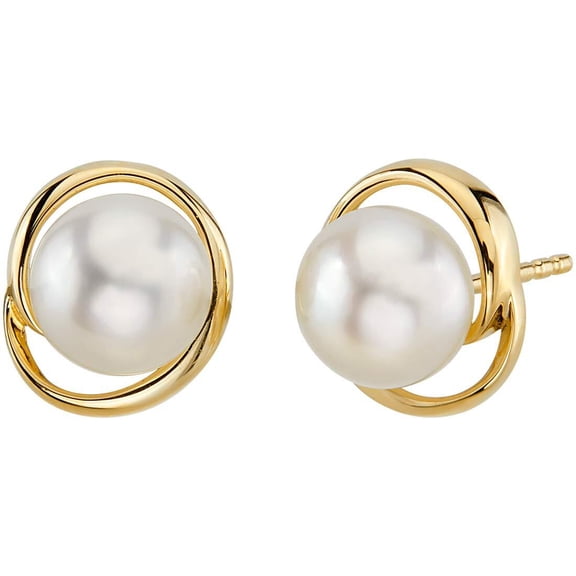 Peora Freshwater Cultured White Pearl Stud Earrings in 14K Yellow Gold, Round Button Shape, 7mm Swirl Solitaire, Friction Backs