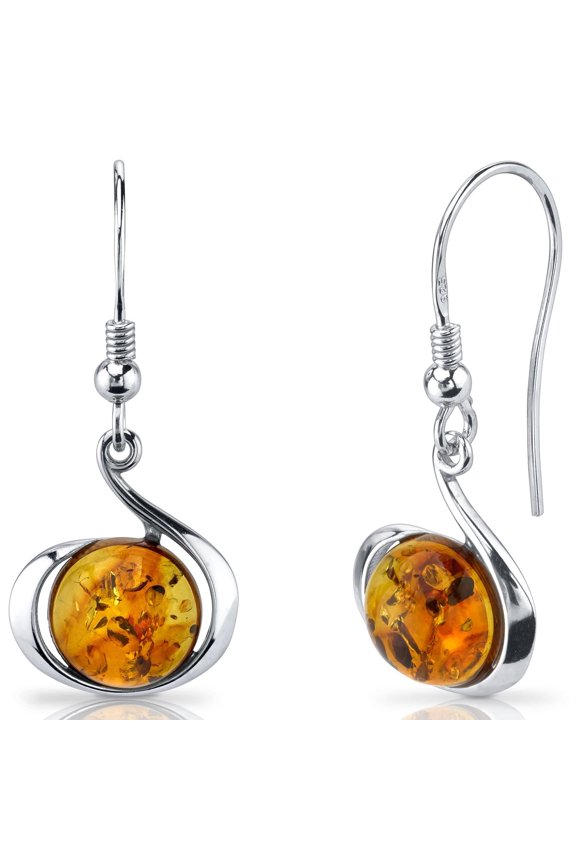Genuine Baltic Amber Drop Earrings for Women 925 Sterling Silver, Floating Round Shape, Rich Cognac Color, Fishhooks