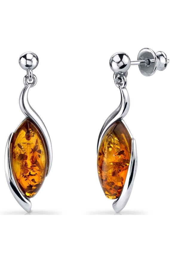 Genuine Baltic Amber Earrings for Women 925 Sterling Silver, Floating Marquise Twist Design, Rich Cognac Color, Friction Backs