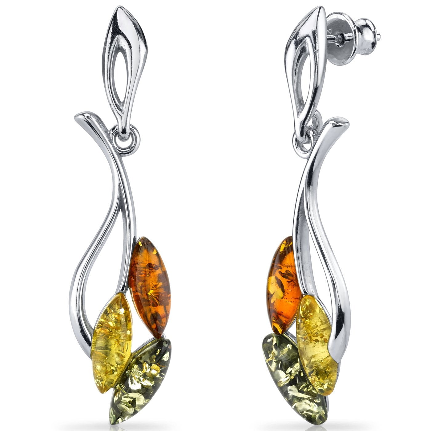 Peora Genuine Baltic Amber Leaf Dangle Earrings for Women 925 Sterling Silver, Rich Multiple Colors, Friction Backs