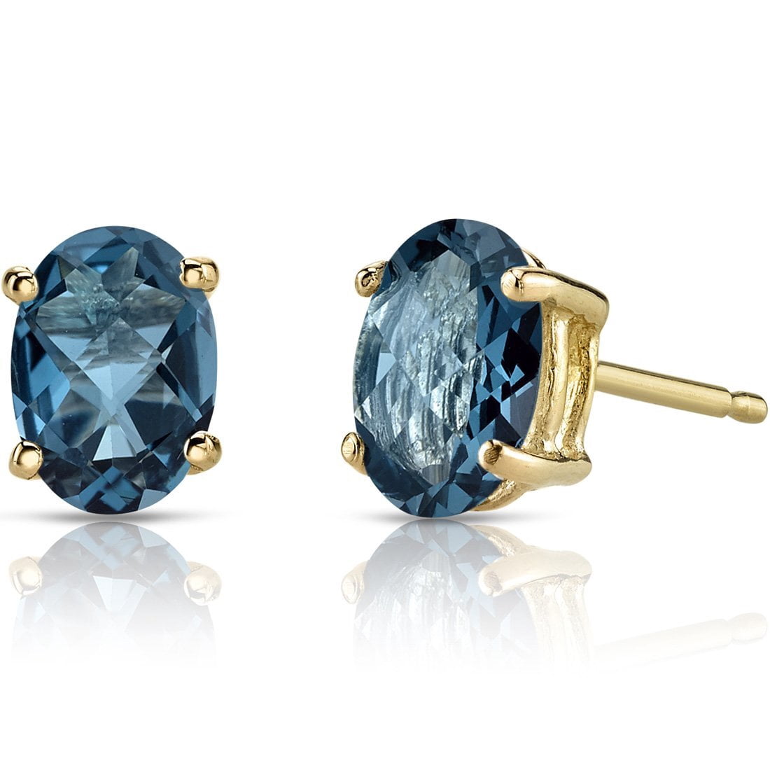 Peora London Blue Topaz Earrings for Women in 14 Karat Yellow Gold, Classic Solitaire Studs, 7x5mm Oval Shape, 2 Carats total, Friction Back