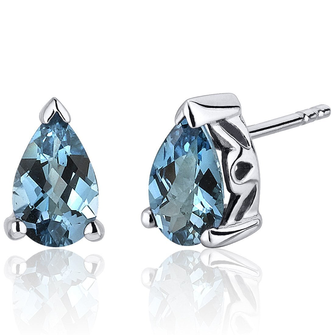 Peora London Blue Topaz Stud Earrings 925 Sterling Silver, Solitaire Scroll Gallery, 1.50 Carats Total, Teardrop Pear Shape 8x5mm, Friction Backs , December Birthstone Earrings , Blue Studs