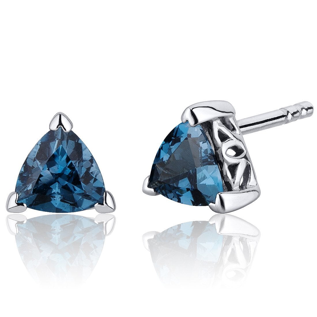 Peora London Blue Topaz Stud Earrings 925 Sterling Silver, Solitaire Scroll Gallery, 1.50 Carats Total, Trillion Cut, 6mm, Friction Back