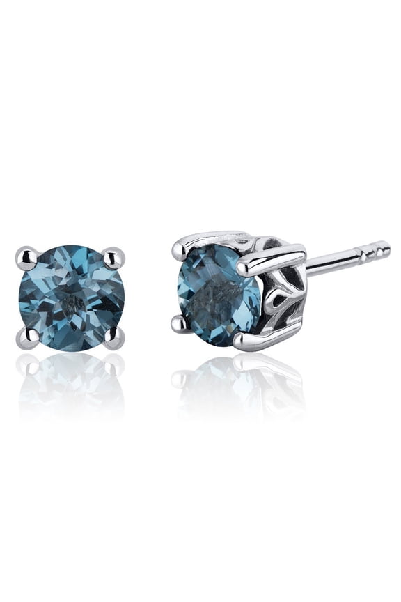 London Blue Topaz Stud Earrings 925 Sterling Silver, Solitaire Scroll Gallery, Natural Gemstone, 2 Carats Total, Round Shape 6mm, Friction Backs