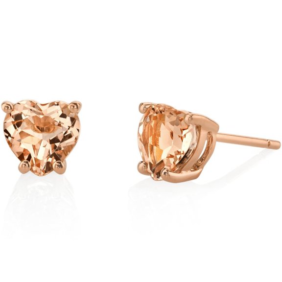 Peora Morganite Heart Stud Earrings for Women in 14 Karat Rose Gold, Classic Solitaire Studs, 6mm, 1.50 Carats total, Friction Back