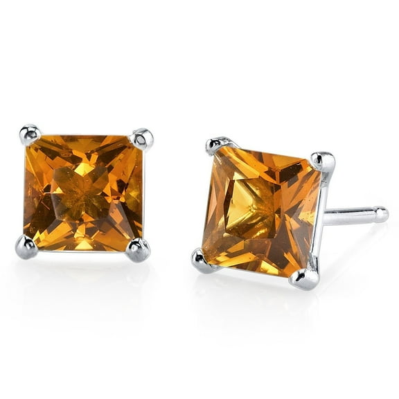 Peora Solid 14K White Gold Citrine Stud Earrings for Women, Genuine Gemstone Classic Solitaire Princess Cut, 6mm, 2 Carats total, Friction Back