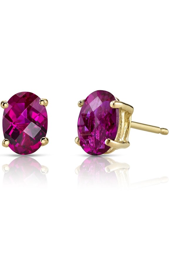 Solid 14K Yellow Gold Created Ruby Earrings for Women, Classic Solitaire Studs, 7x5mm Oval Shape, 2 Carats total, Hypoallergenic, Friction Back
